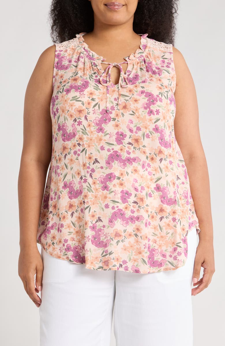 Bobeau Ruffle Spit Neck Sleeveless Top, Main, color, Orchid/ Apricot Floral