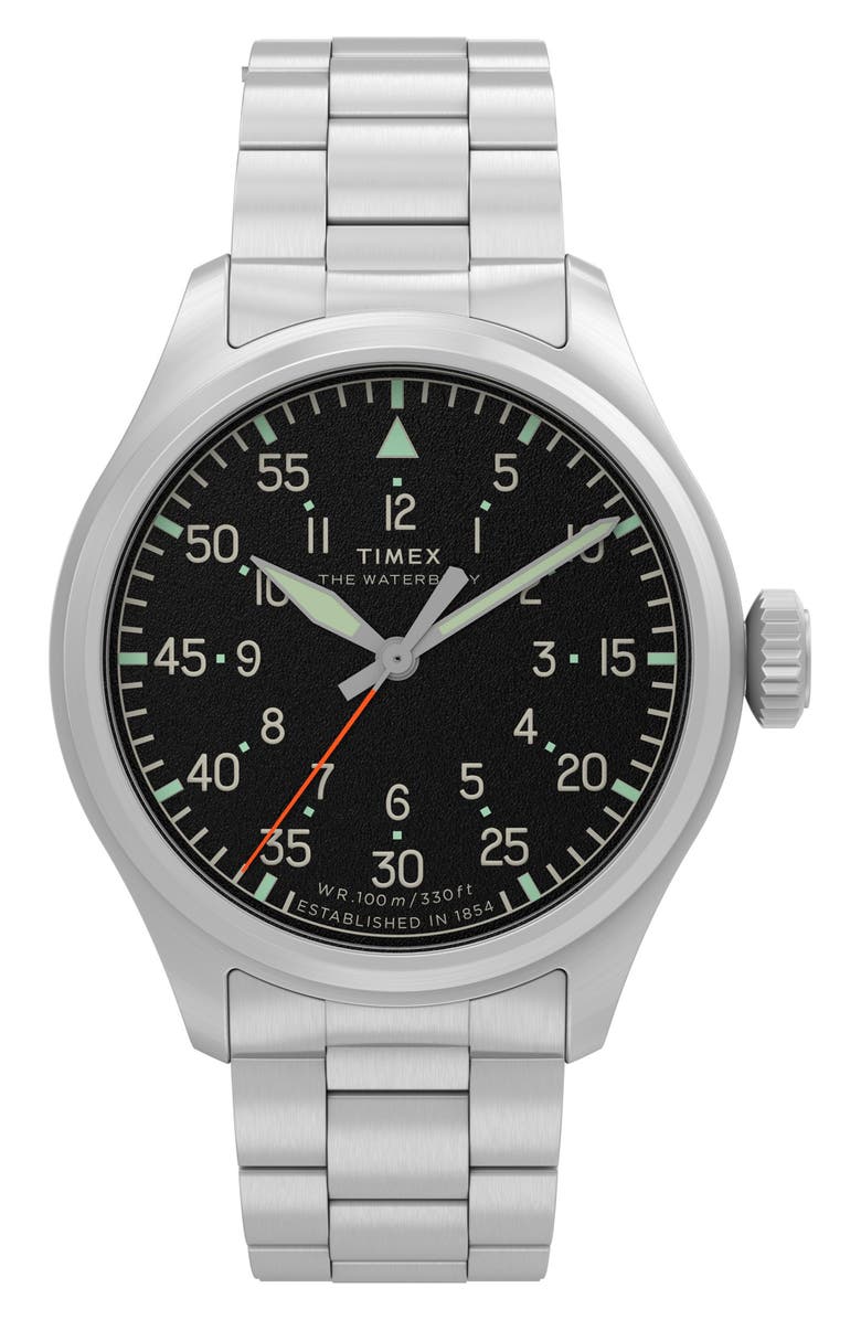 Timex<sup>®</sup> Waterbury Ace 41mm Stainless Steel Bracelet Watch, Main, color, Black/ Silver-Tone