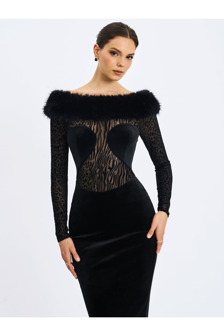 Alexis Faux Fur Boatneck Maxi Dress, Alternate, color, Black