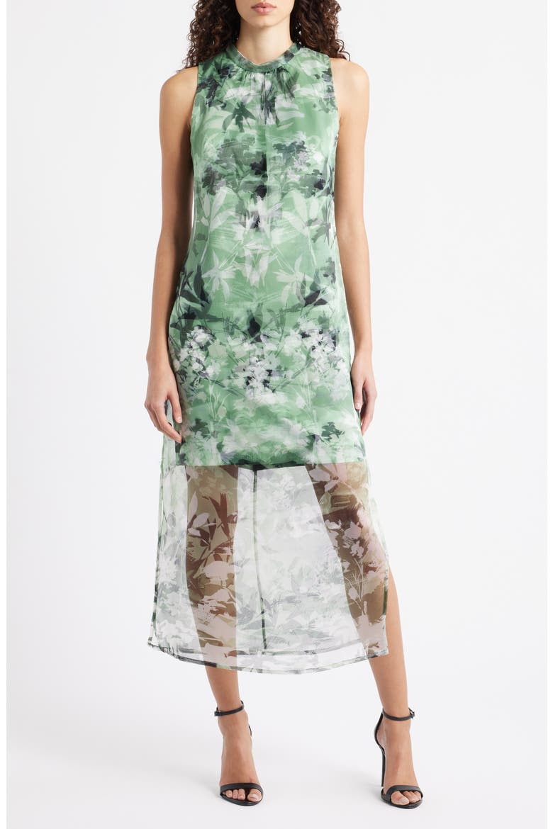 Floral Semisheer Organza Midi Dress, Main, color, NAVY/GREEN MULTI