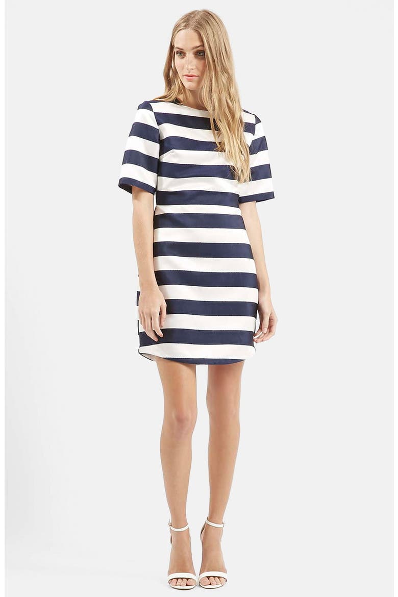 Twill & Satin Stripe Dress, Main, color, NAVY BLUE MULTI