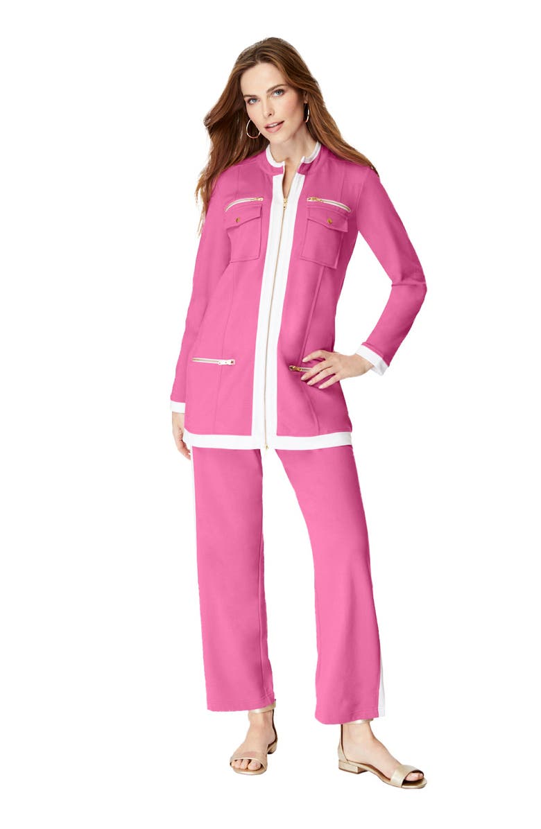 Roaman's Side Stripe French Terry Pull On Pant Set, Main, color, Vintage Rose White