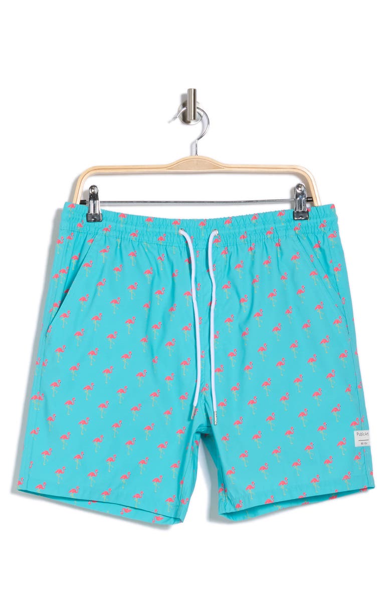 Public Art Flamingo Party Patterned Board Shorts, Alternate, color, Bright Blue