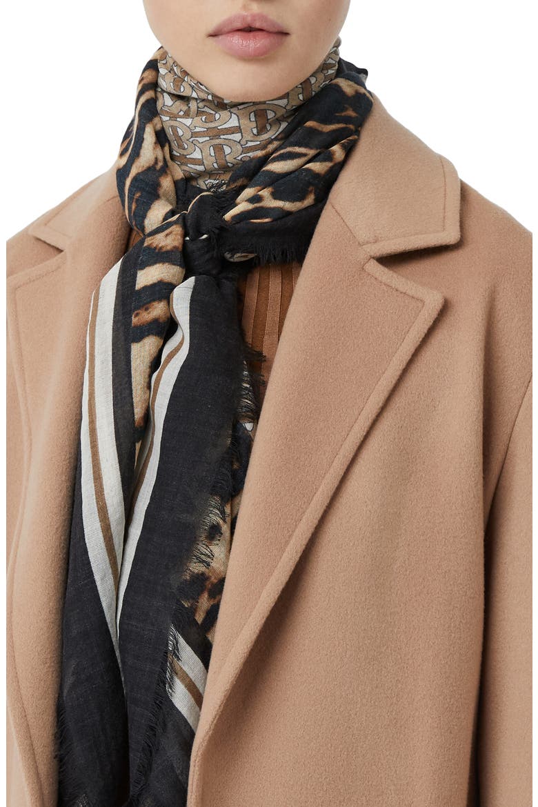 Monogram Leopard Print Wool & Silk Scarf, Alternate, color, ARCHIVE BEIGE
