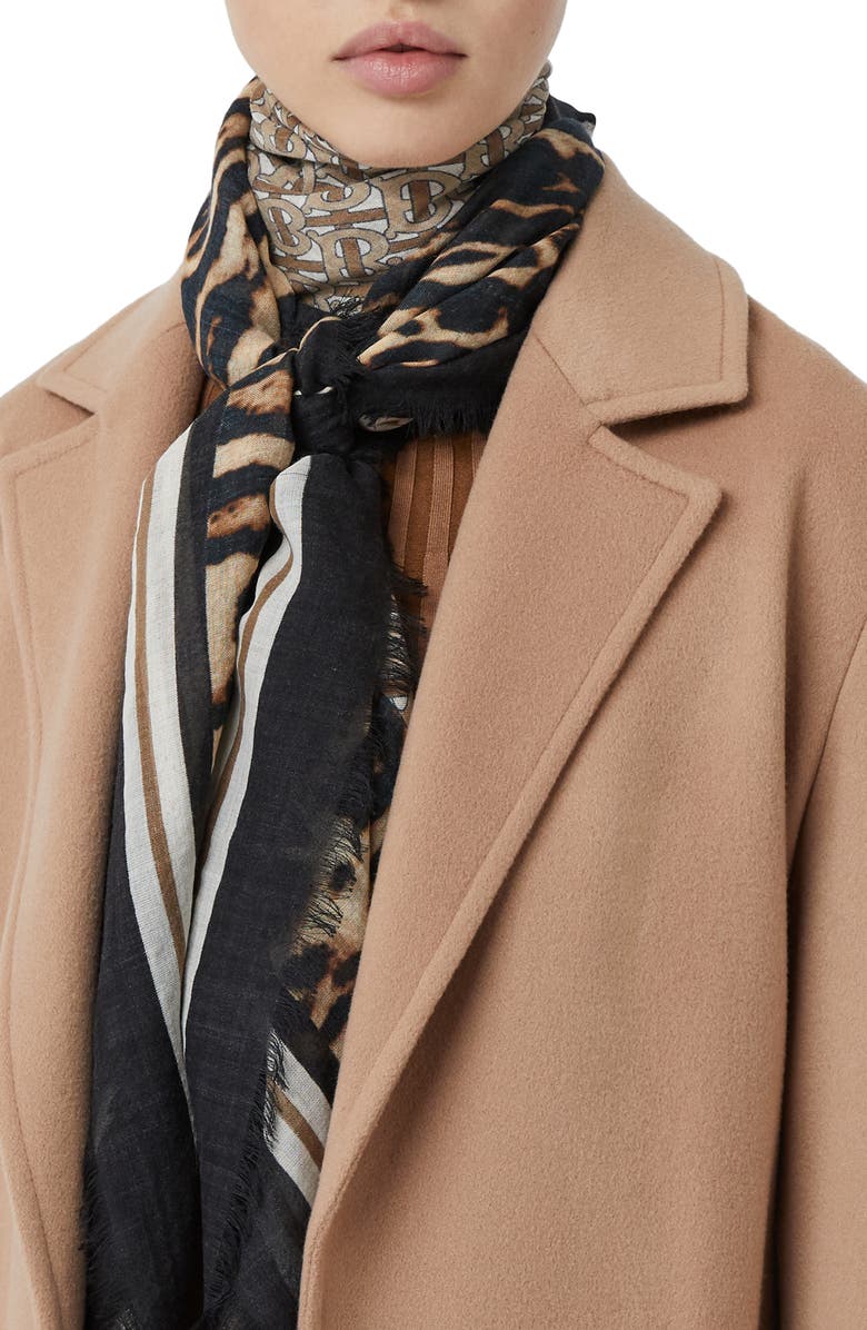 Burberry Monogram Leopard Print Wool & Silk Scarf, Alternate, color, 