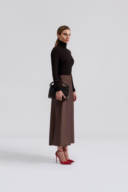Malina Aubree Satin Midi Skirt In Brown