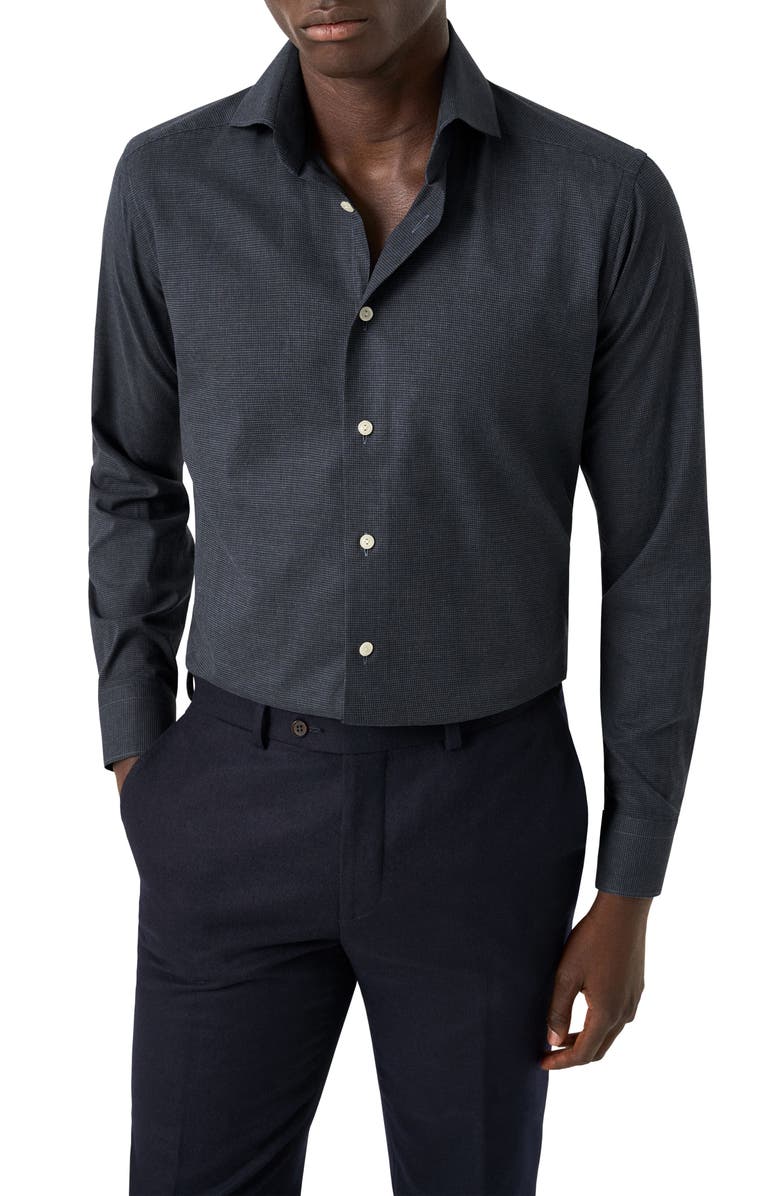 Eton Contemporary Fit Houndstooth Flannel Dress Shirt, Main, color, Dark Blue