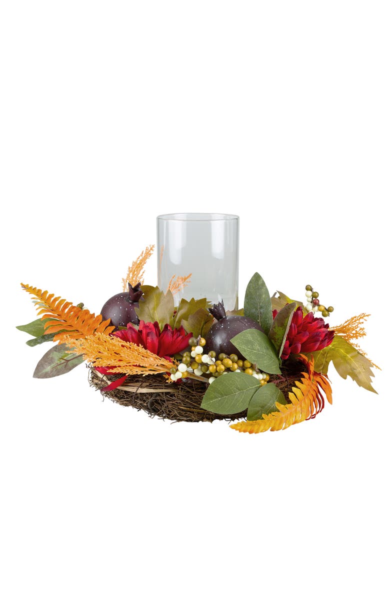 Northlight Mums with Pomegranate Fall Harvest Pillar Candle Holder Centerpiece - 22", Main, color, Red