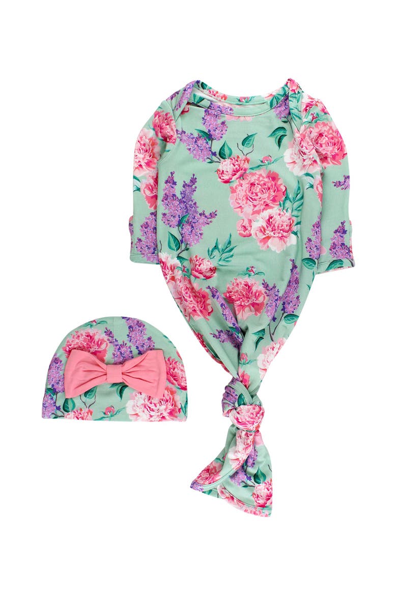 Ruffle Knotted Sleep Gown & Hat Set, Main, color, Sage Garden