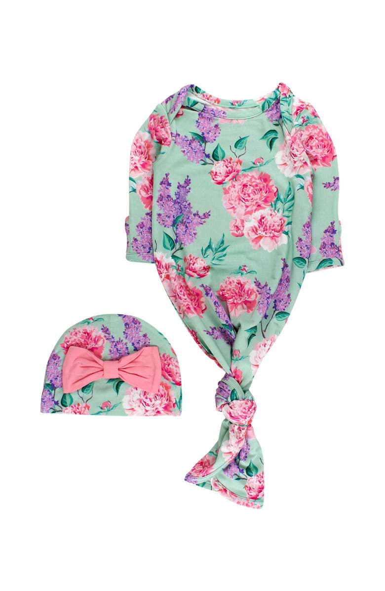 RuffleButts Ruffle Knotted Sleep Gown & Hat Set, Main, color, Sage Garden