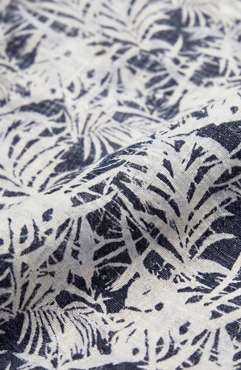 Report Collection Leaf Print Short Sleeve Linen & Cotton Blend Button-Up Shirt, Alternate, color, Navy