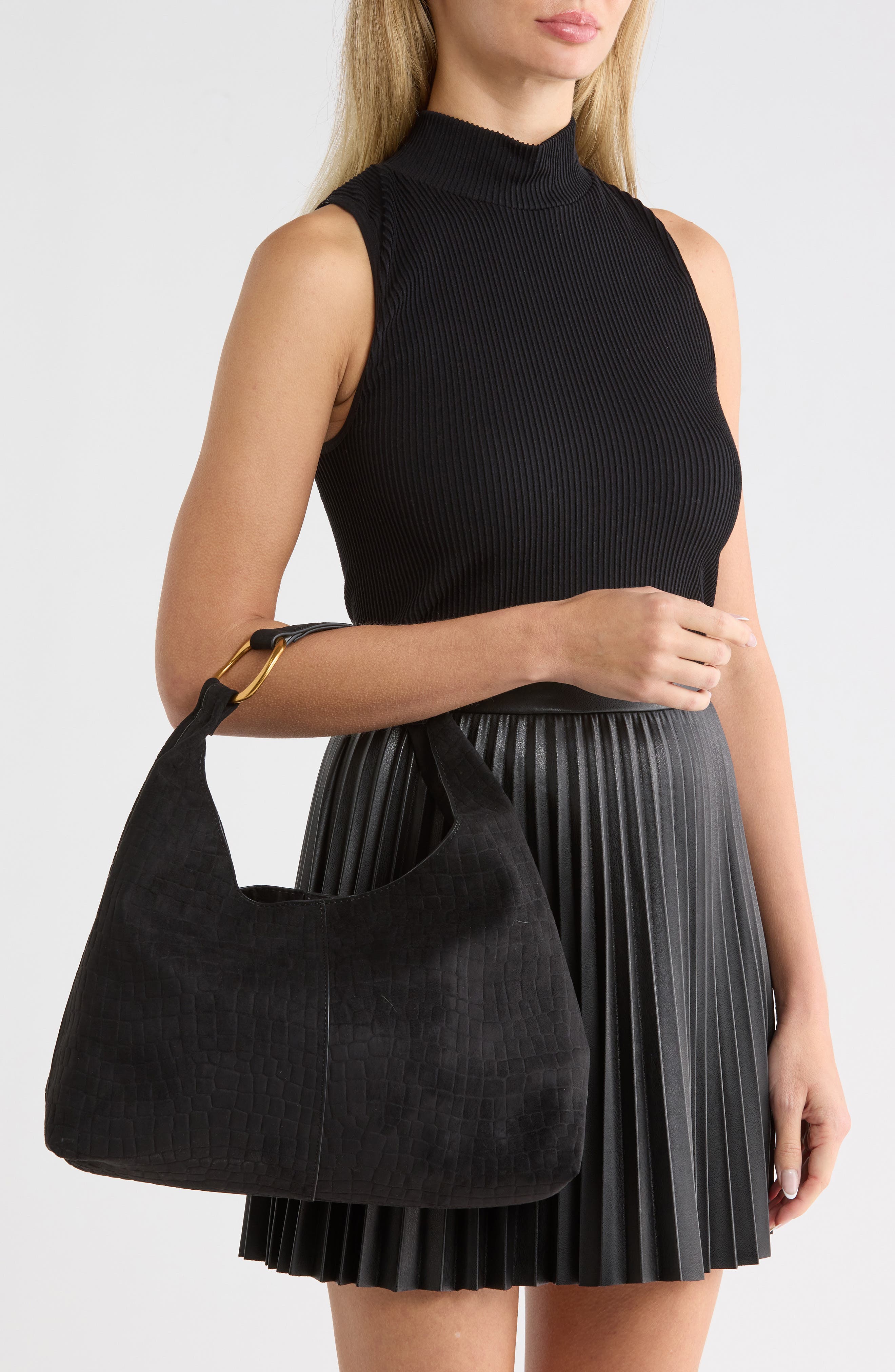 Greta Shoulder Bag, Alternate, color, BLACK CROCO EMBOSS SUEDE