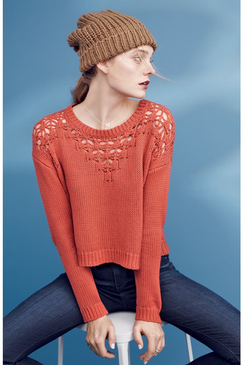 Pointelle Yoke Crop Sweater, Alternate, color, NAVY INDIGO