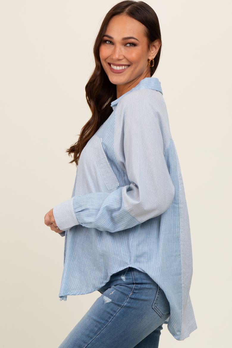 Blue Striped Colorblock Button Up Top, Alternate, color, Light Blue
