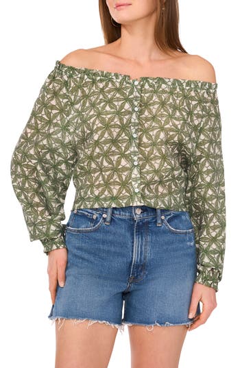 Two By Vince Camuto Floral Off The Shoulder Button-up Shirt In Green