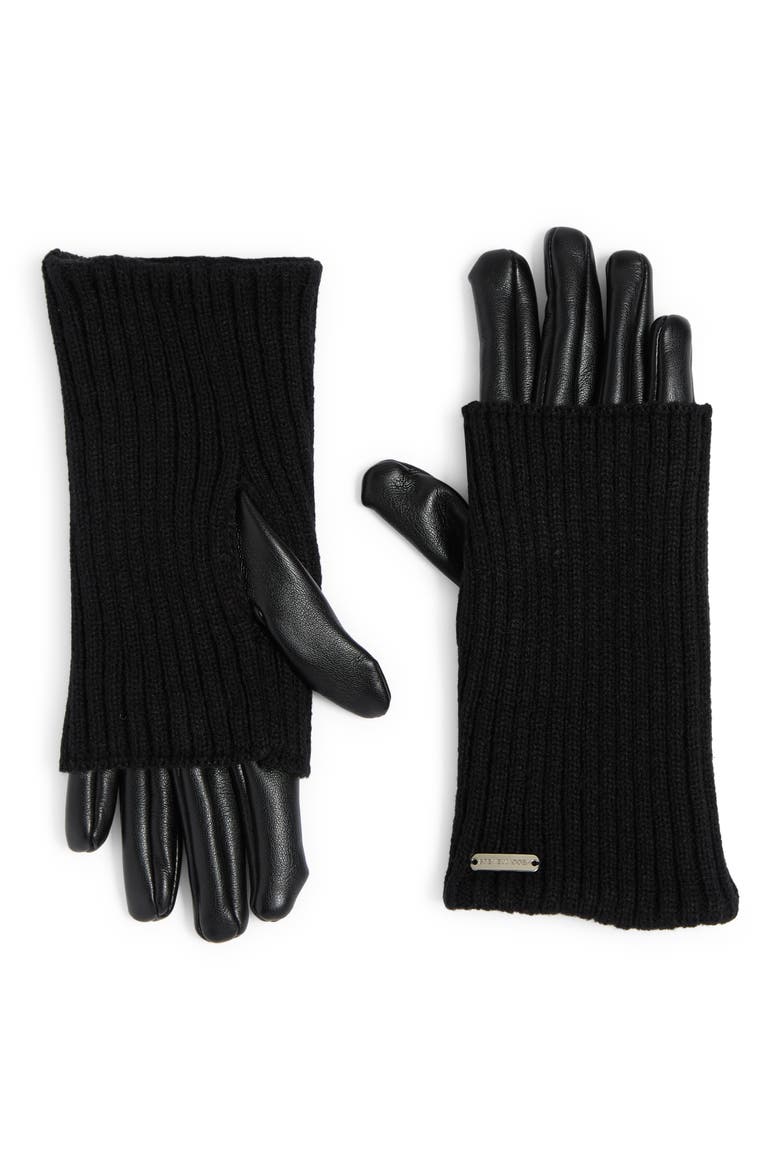Knit & Faux Leather Gloves, Main, color, BLACK
