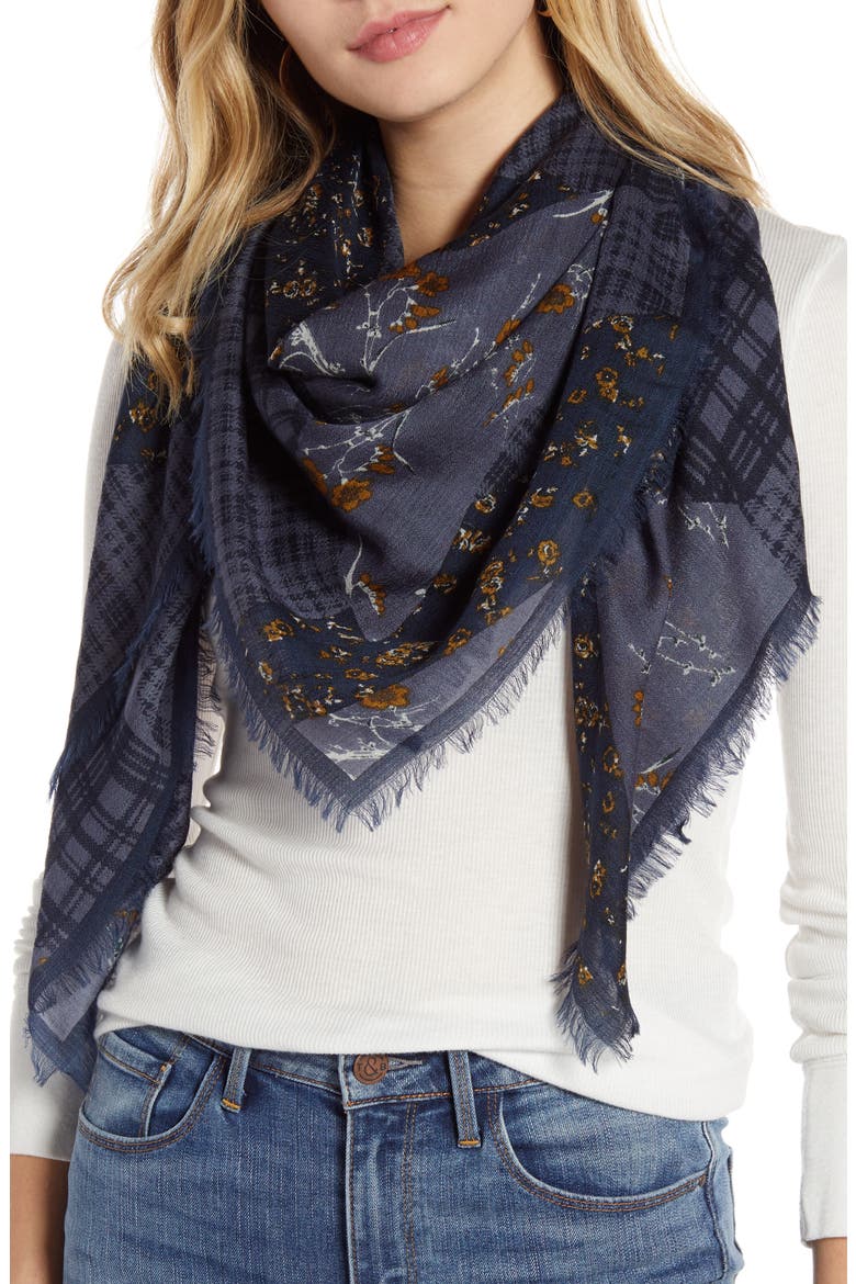 Print Wool Scarf, Main, color, BLUE FLORAL MIX PRINT