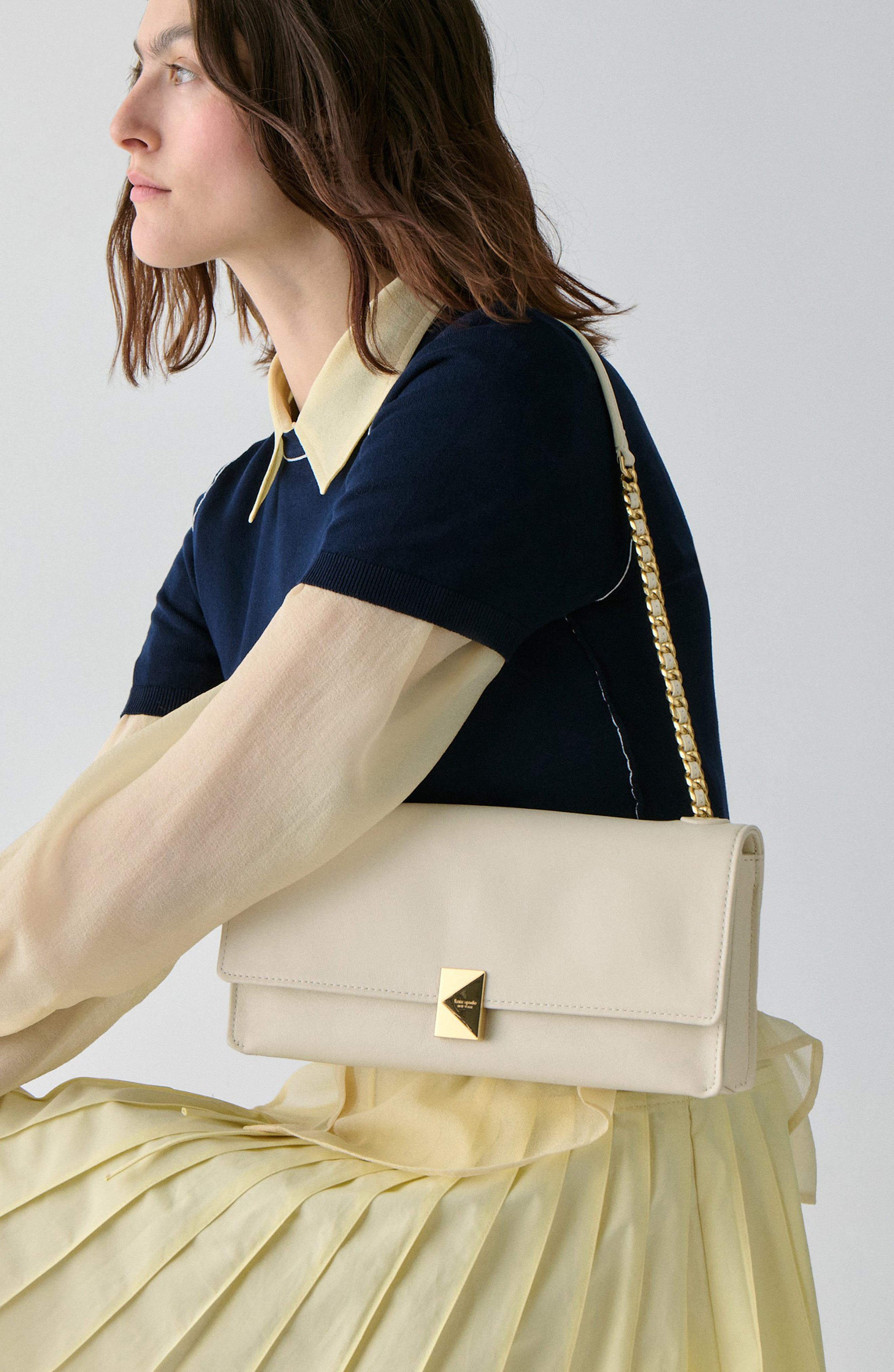 deco fine grain leather convertible chain shoulder bag, Alternate, color, CASHEW MILK
