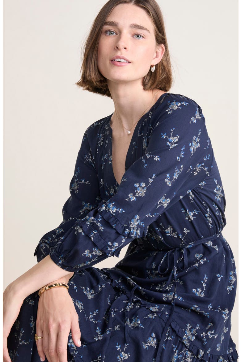 Geo Print Long Sleeve Tiered Cotton & Silk Dress, Alternate, color, SIENNA FLORAL - NAVY