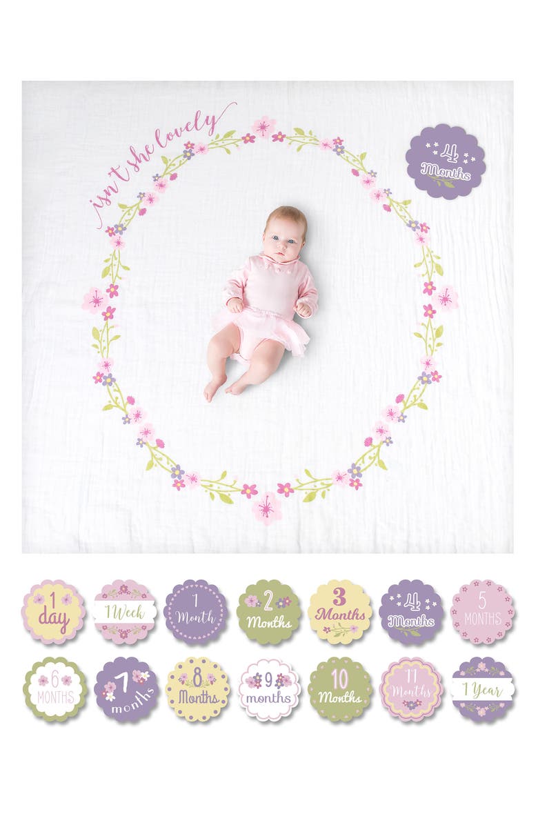 Lulujo Baby's First Year - Isn't She Lovely Muslin Blanket & Milestone Card Set, Alternate, color, Pink