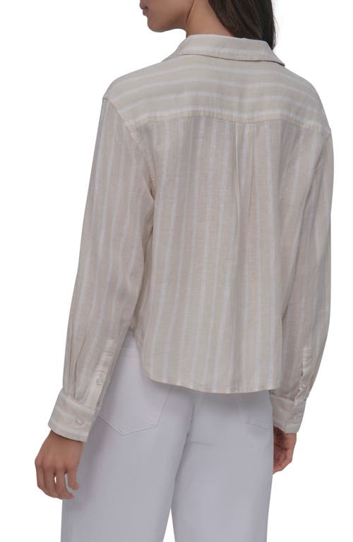 Dkny Jeans Stripe Crop Linen Blend Button-up Shirt In Light City Khaki/ivory