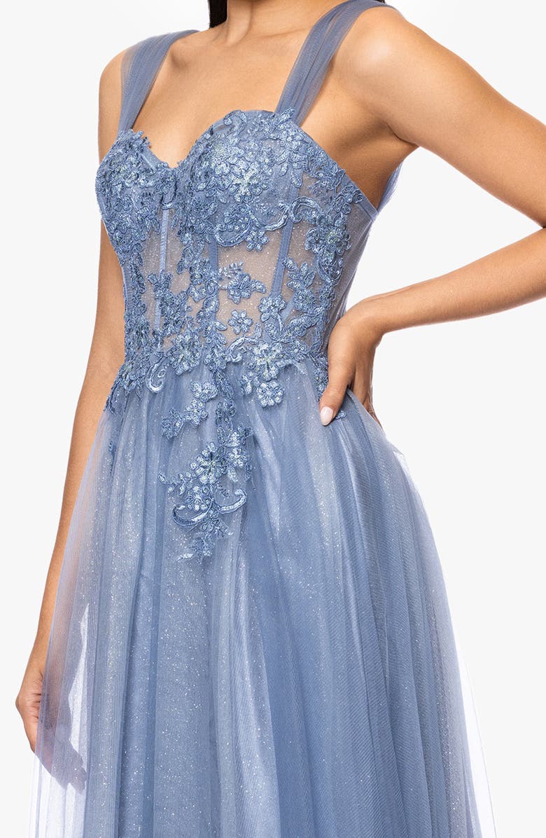 Blondie Nites Lace Embellished Corset Glitter Tulle A-Line Gown, Alternate, color,