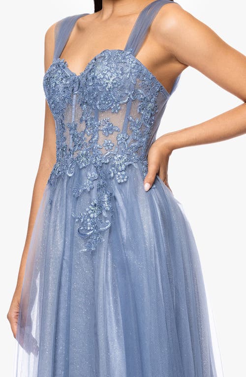 Blondie Nites Lace Embellished Corset Glitter Tulle A-line Gown In Slate