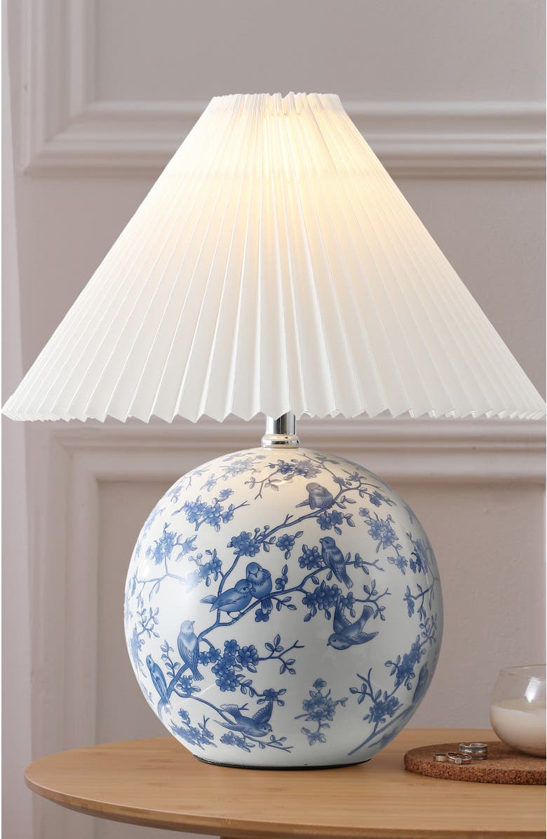 JONATHAN Y Shishen Cottage Classic Chinoiserie Ceramic Orb LED Table Lamp with Pleated Shade, Alternate, color, White/Blue