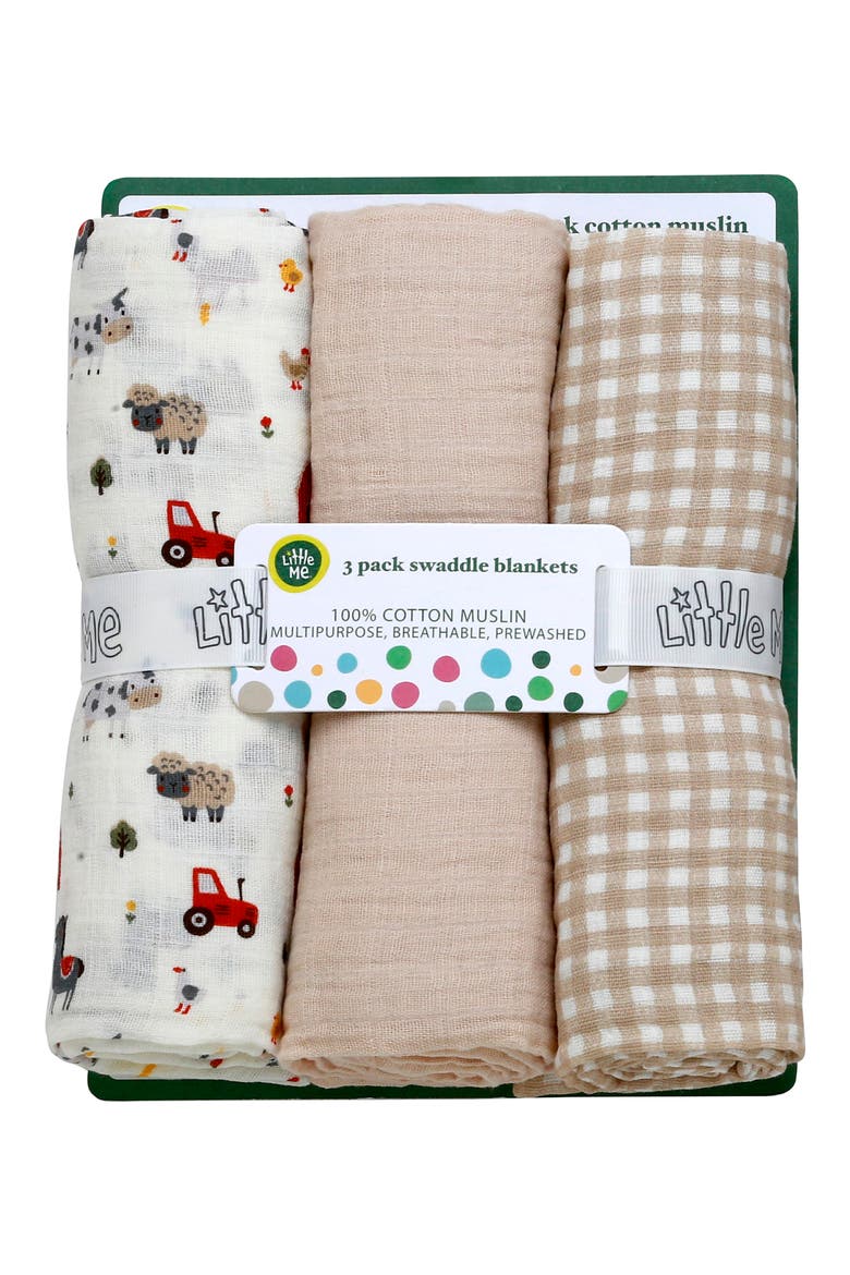 3-Pack Farm Animal Cotton Muslin Swaddle Blankets, Alternate, color, LT/ PASTEL BROWN