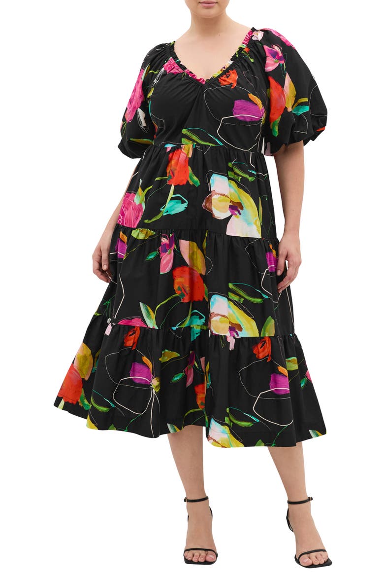 Fantasy Floral Cotton Midi Dress, Main, color, FLORAL SKETCH