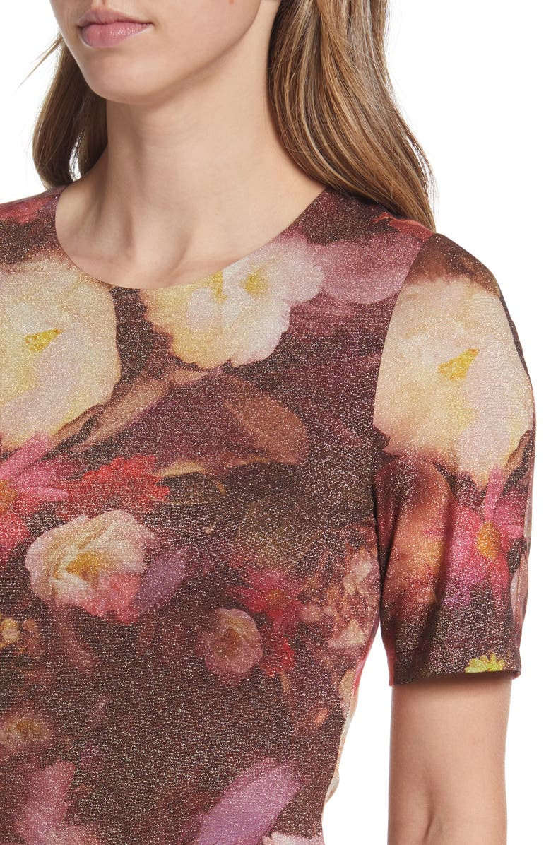 Black Halo Layne Floral Print Short Sleeve Knit Midi Dress, Alternate, color, 