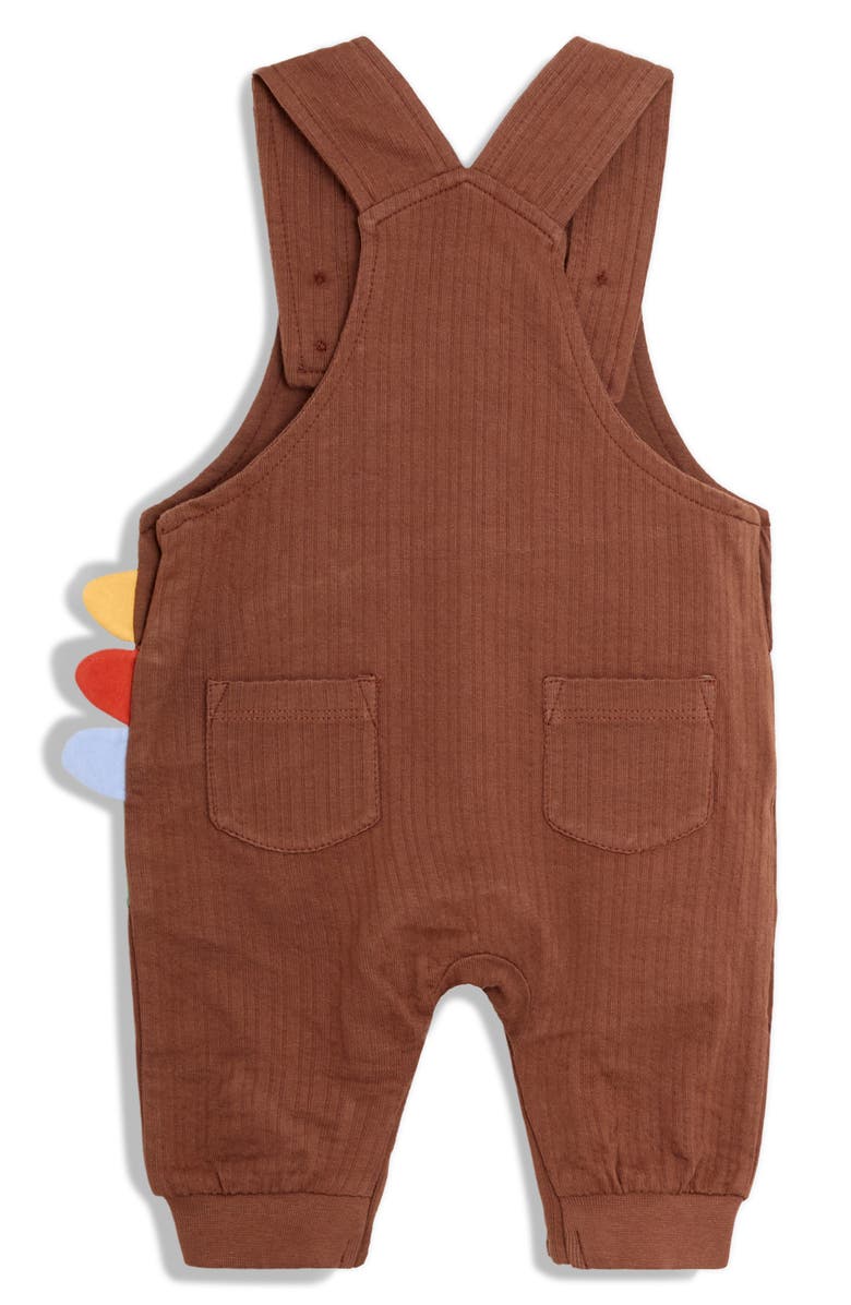 JOJO MAMAN BEBE Stripe Cotton T-Shirt & T-Rex Appliqué Overalls Set, Alternate, color, Brown
