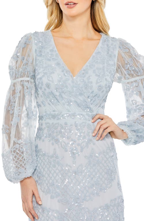 Mac Duggal Sequined Tiered Wrap Over Puff Sleeve Gown In Sky Blue