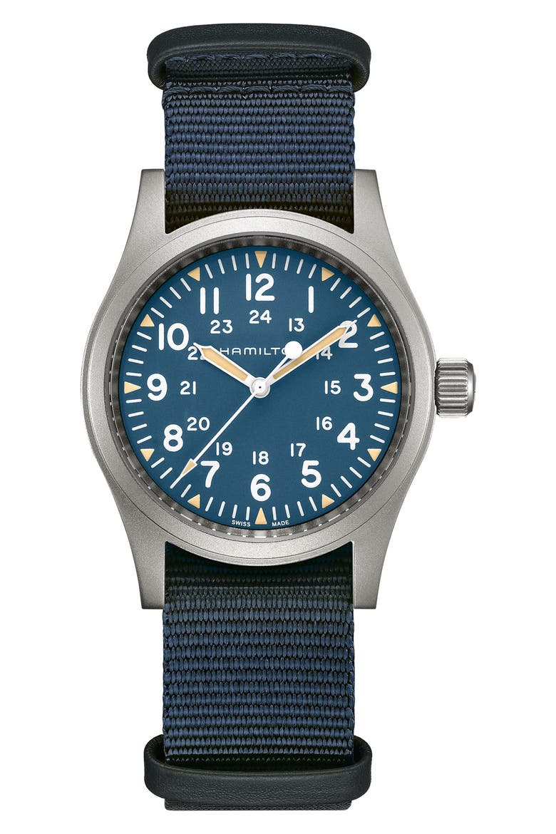 Khaki Field Mechanical NATO Strap Watch, 38mm, Main, color, BLUE