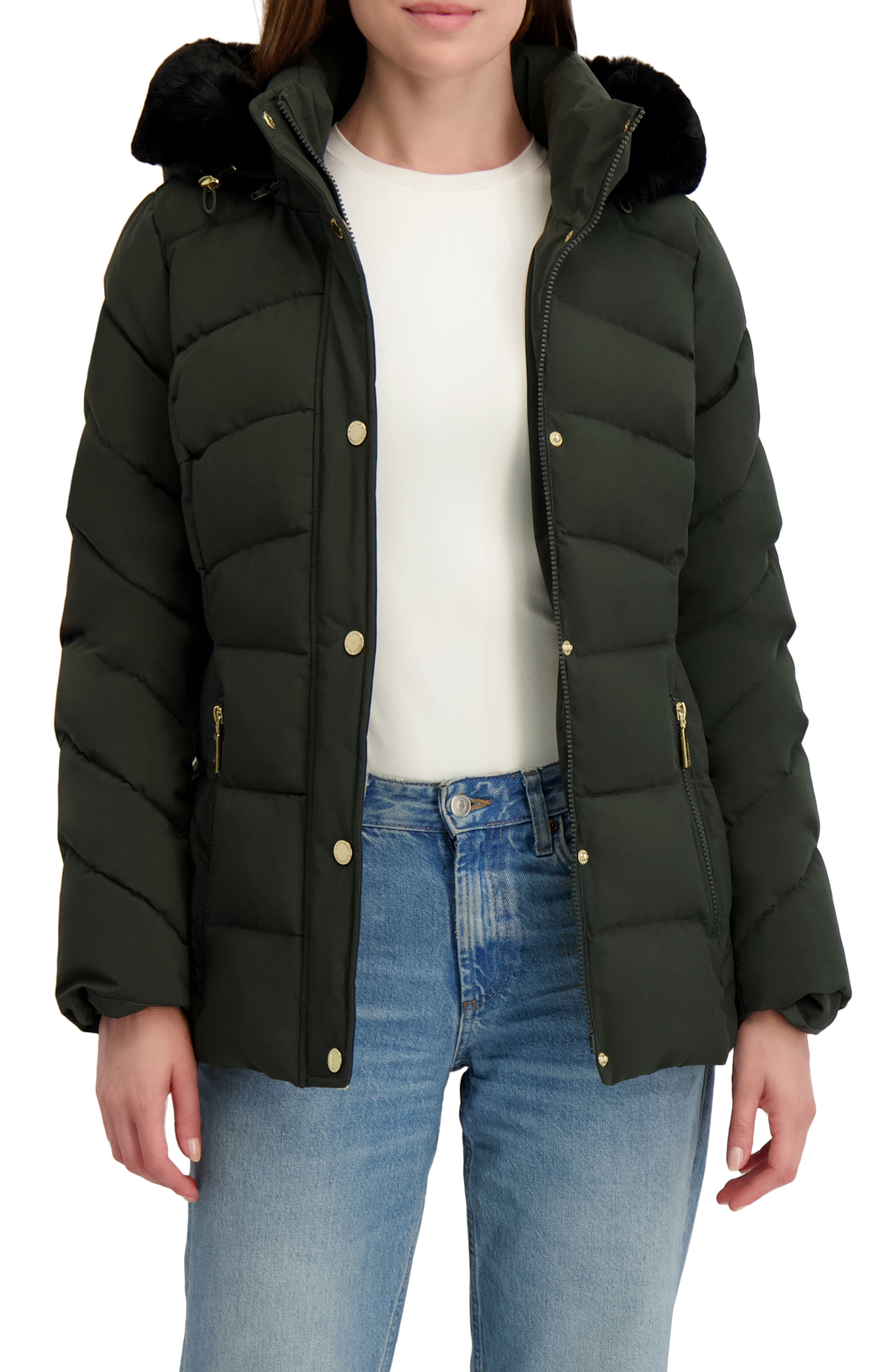 Laundry by Shelli Segal Hooded Puffer with Faux Fur Trim