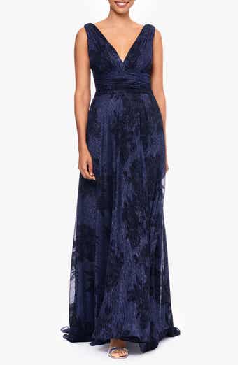 Betsy & Adam Flock Floral Metallic Crinkle Gown