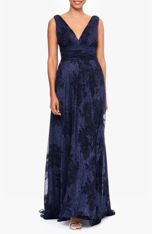 Betsy & Adam Flock Floral Metallic Crinkle Gown in Navy/Black 