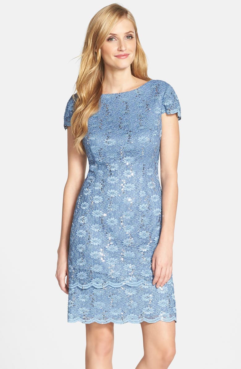 Alex Evenings Tiered Lace Sheath Dress, Main, color, Brush Periwinkle