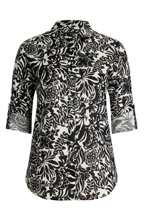 Ralph Lauren Plus Size 100% Linen Roll-tab Shirt In Cream/black