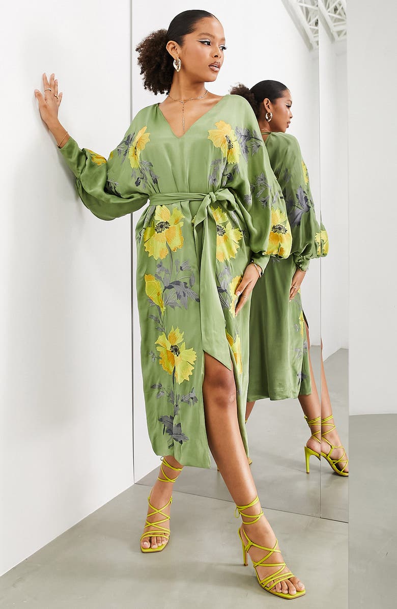 ASOS DESIGN Edition Floral Embroidery Long Sleeve Midi Dress, Main, color, 