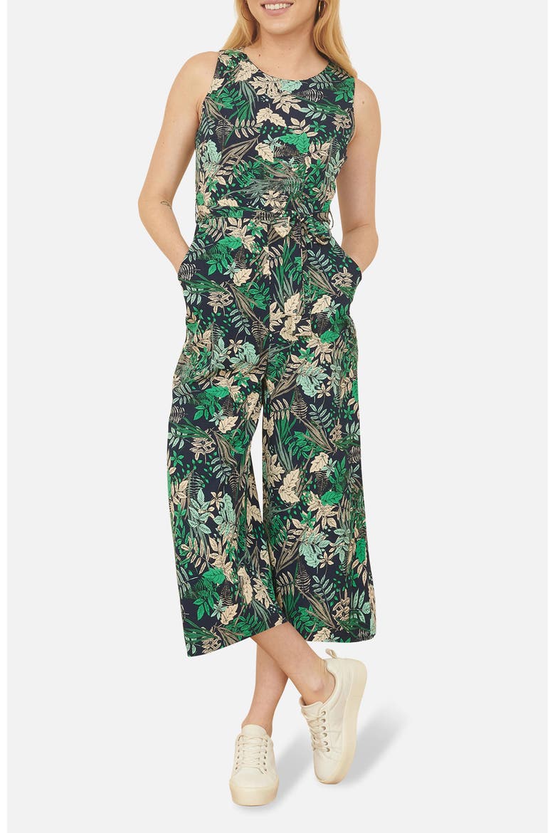 Sleeveless Leaf Print Culotte Jumpsuit, Alternate, color, Navy