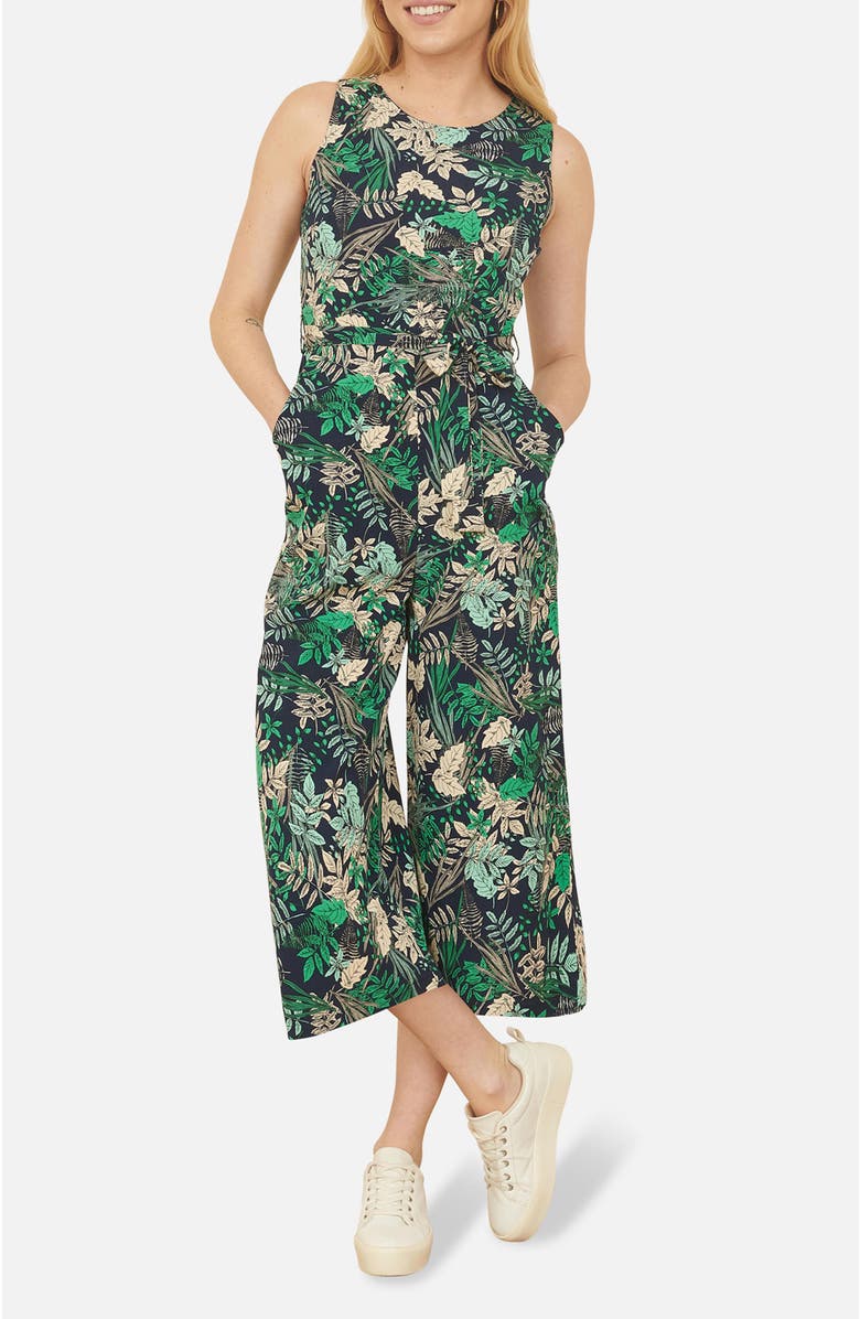Yumi Sleeveless Leaf Print Culotte Jumpsuit, Alternate, color, Navy