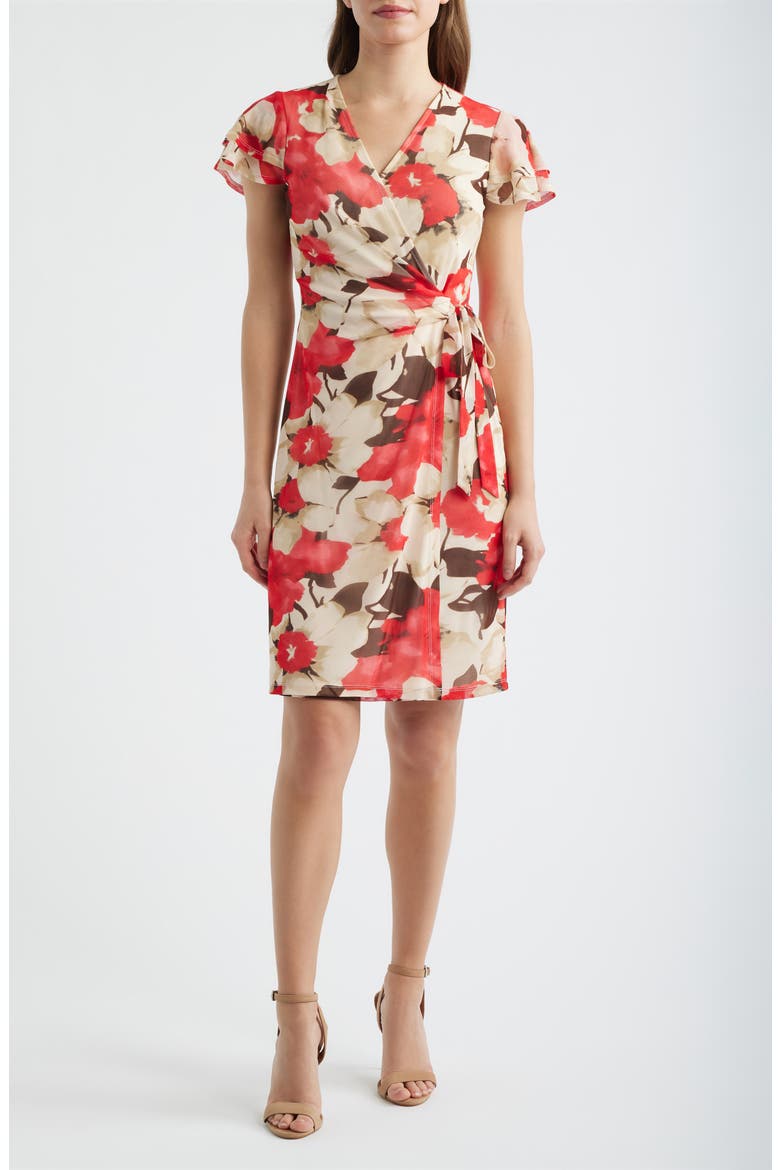 Floral Print Flutter Sleeve Wrap Dress, Main, color, WHITE DOVE MULTI