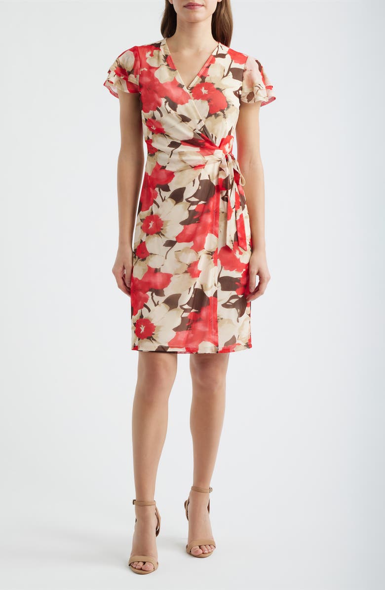 Anne Klein Floral Print Flutter Sleeve Wrap Dress, Main, color, 