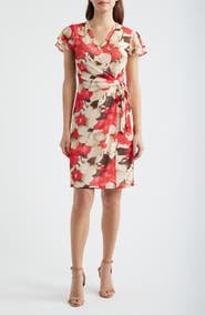 Anne Klein Floral Print Flutter Sleeve Wrap Dress