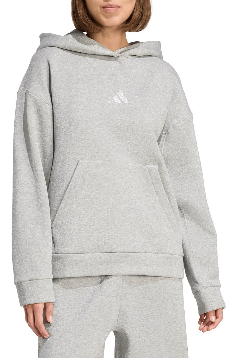 adidas ALL SZN Holiday Glitter Fleece Loose Hoodie, Main, color, Medium Grey Heather