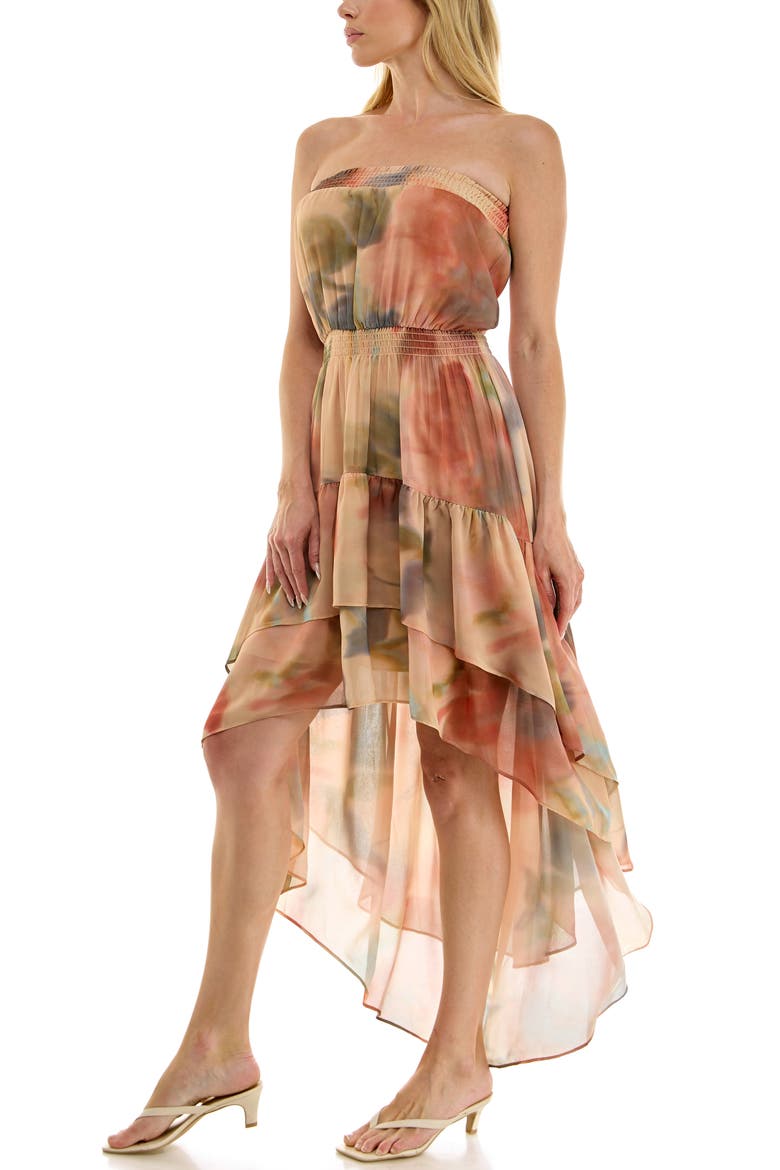 Abstract Print Strapless High-Low Tiered Midi Dress, Alternate, color, RUST/ BROWN