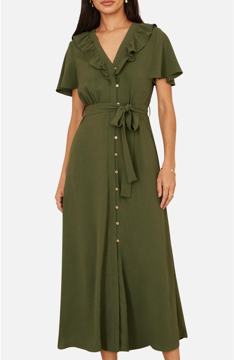 Yumi Ruffle Collar Midi Shirt Dress, Alternate, color, Green
