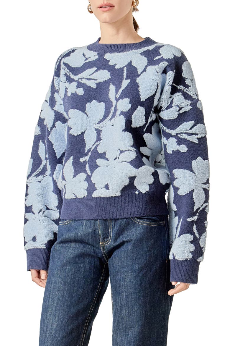 Fuzzy Flower Sweater, Alternate, color, NAVY/ POWDER BLUE