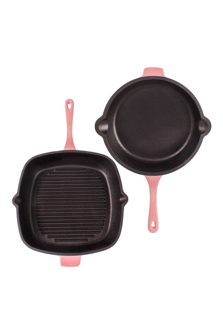Neo 2-Piece Cast Iron Fry Pan & Grill Pan Set, Alternate, color, PINK